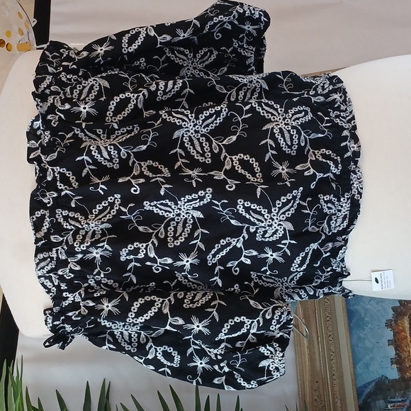INC Nwt Women's Black And Embrodered White Leaf Print Boho Chic Blouse Large - Picture 10 of 12